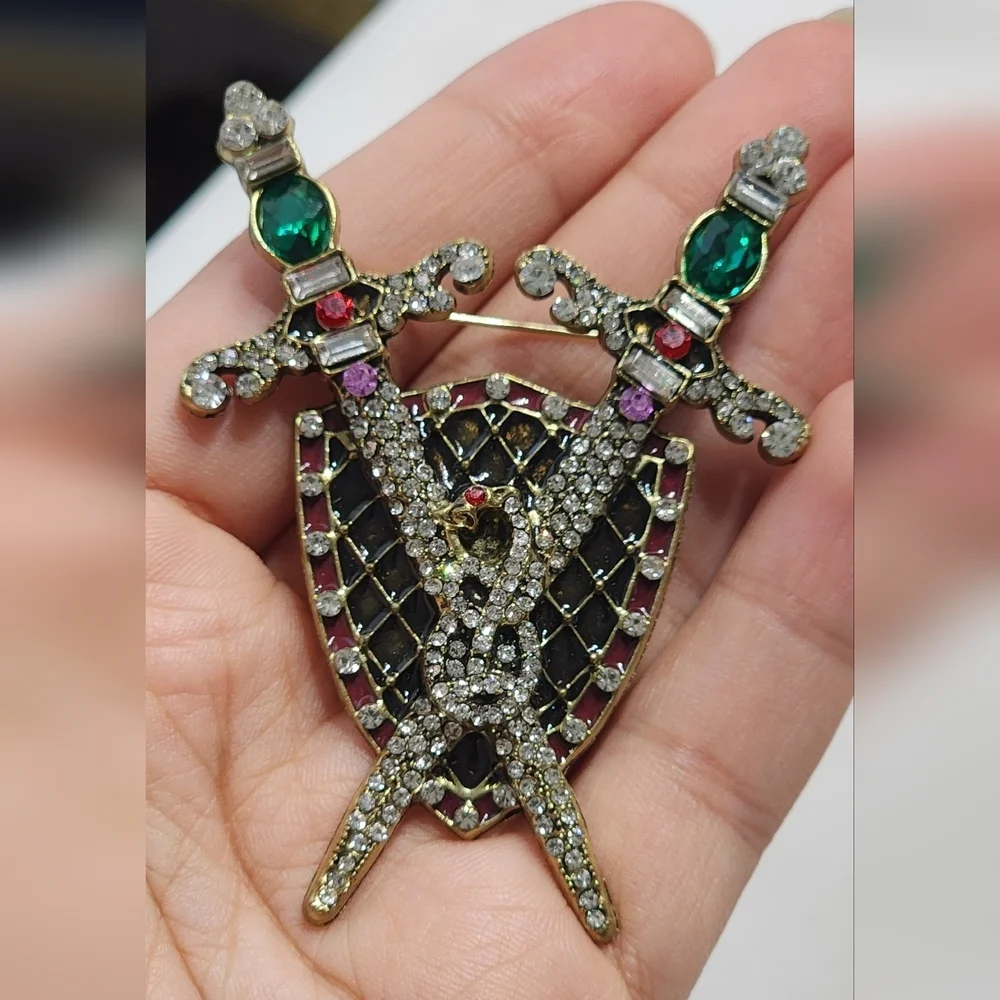 Green and Red Jeweled Sword Brooch